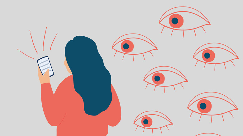 vector illustration of eyes spying on woman on a phone