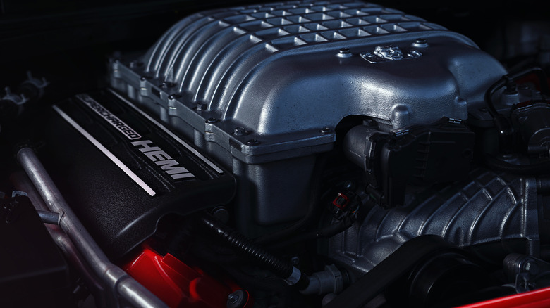 6.2-liter supercharged Hellcat V8 detailed view, front-right perspective