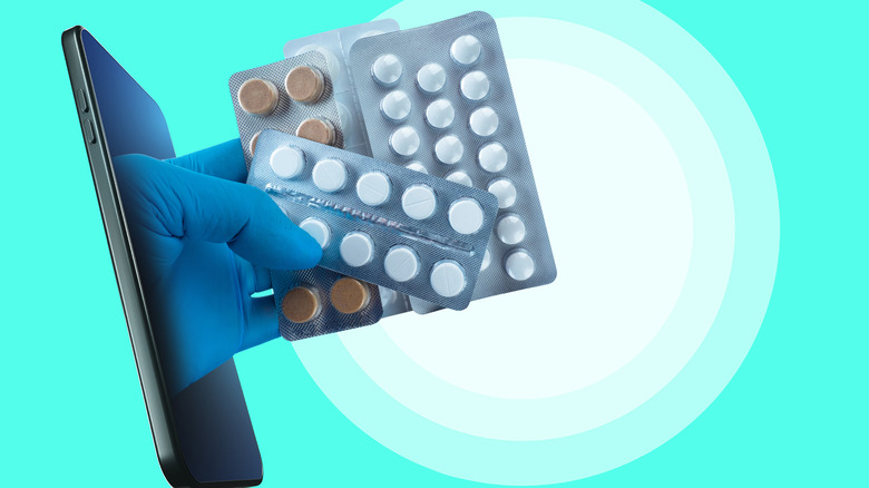 Depiction of phone and medicines. 
