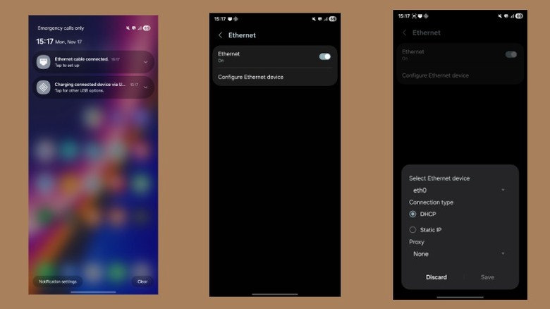 Configuring Ethernet on a Samsung phone.
