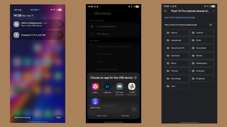 Accessing connected Android phone's storage on a Samsung phone.