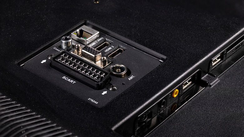 An image showing the input panel on the back of a tv panel