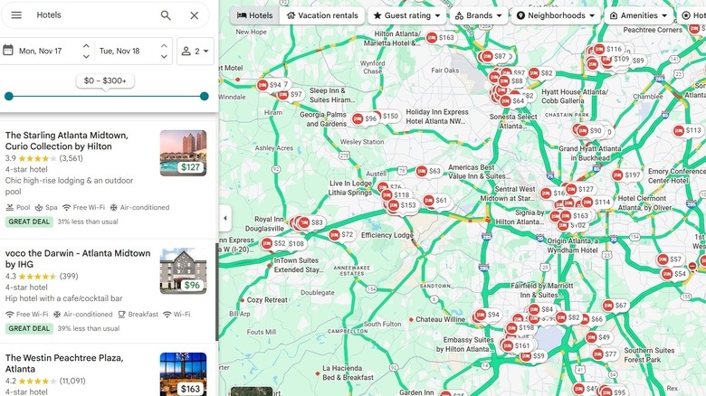 Google Map showing hotel locations in Atlanta with a sidebar of hotel information