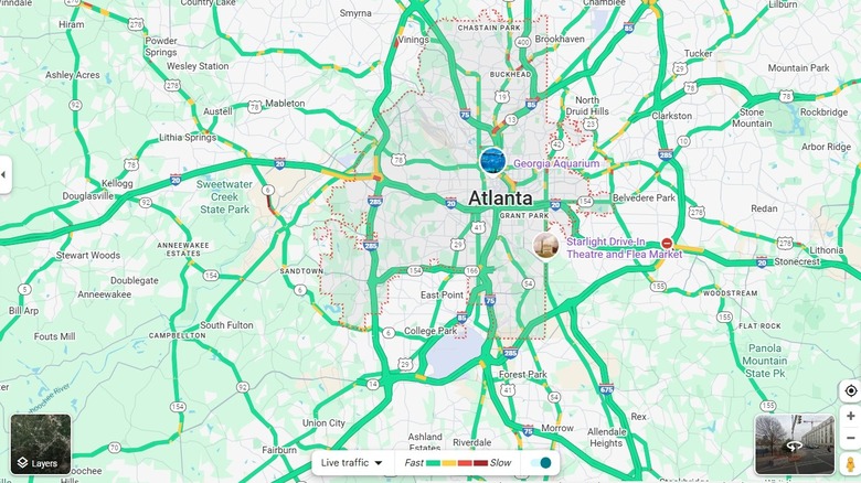 Google Map of Atlanta showing real-time traffic