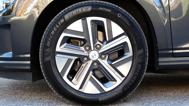 A set of Michelin tires mounted on a first generation Hyundai Kona Electric