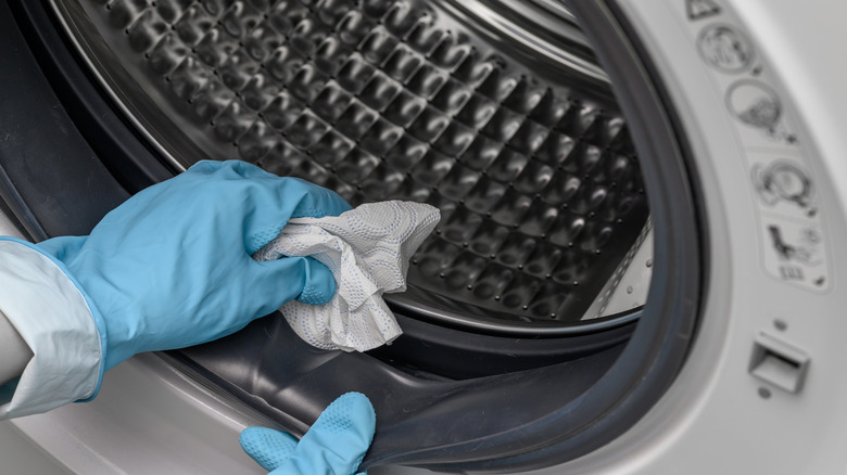 person cleaning washing machine