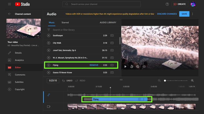 YouTube Studio add audio