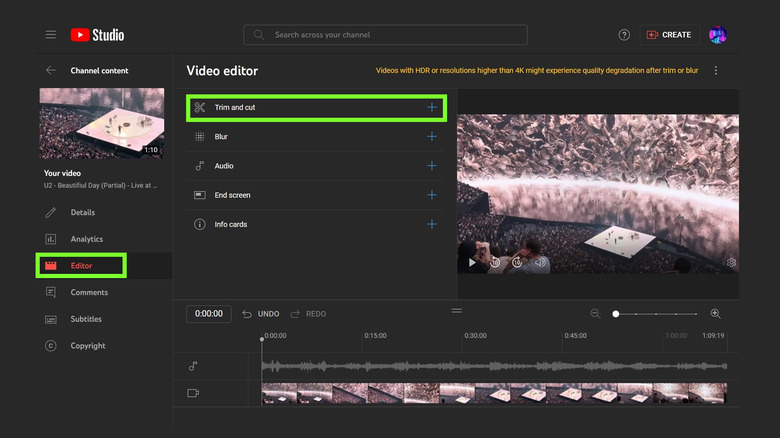 YouTube Studio trim and cut