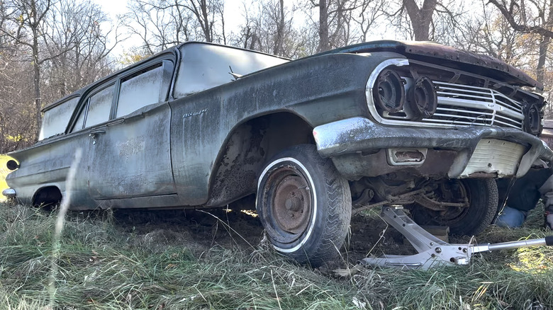 Front view of 1960 Chevy in field