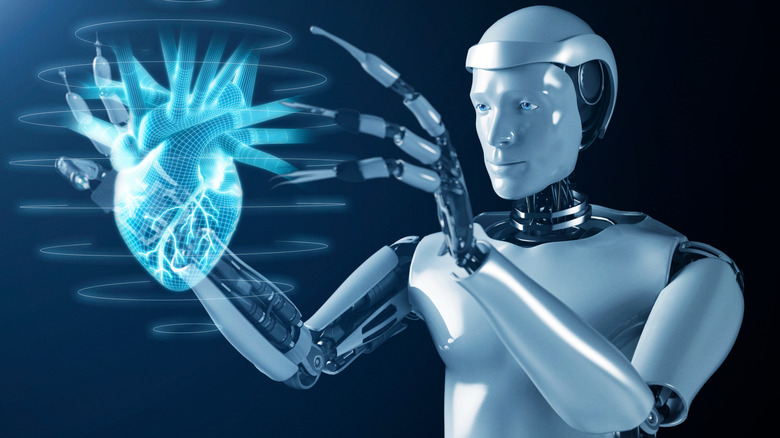 Abstract image of medical robot performing heart surgery in 3D.