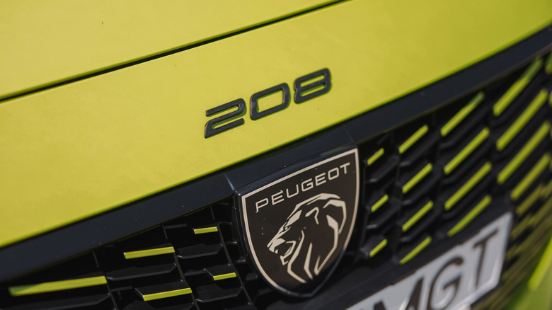 Close up of Peugeot logo and name on car