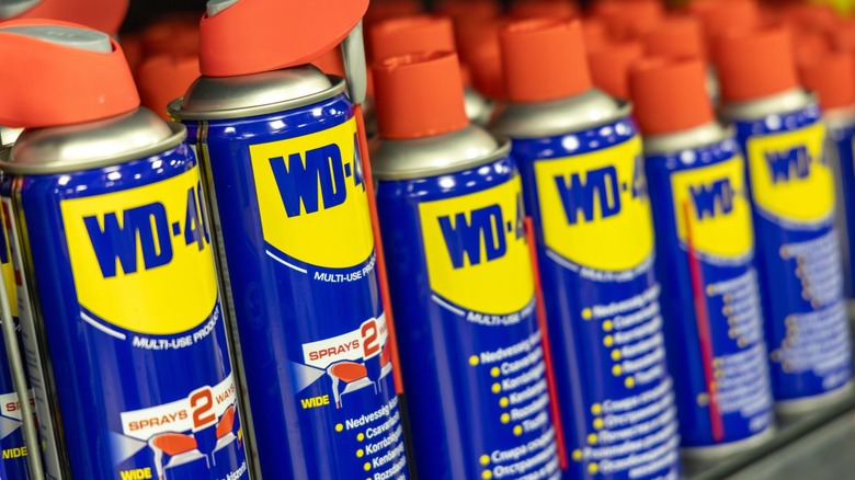 Several cans of WD-40 spray pictured on display
