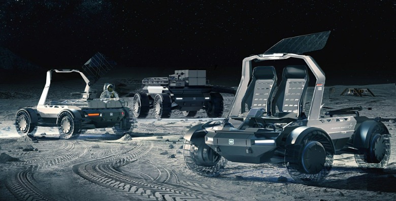GM/Lockheed Martin Artemis Lunar Terrain Vehicles parked on the Moon