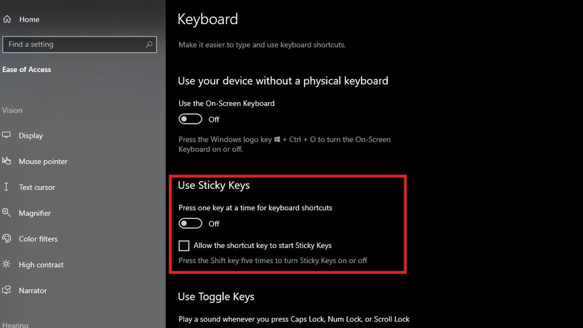 Teclas adesivas de configurações de teclado do Windows 10 destacadas