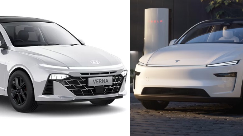 Comparison of Tesla Model Y and Hyundai Verna side by side