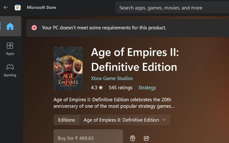 PC not meeting system requirements for game.