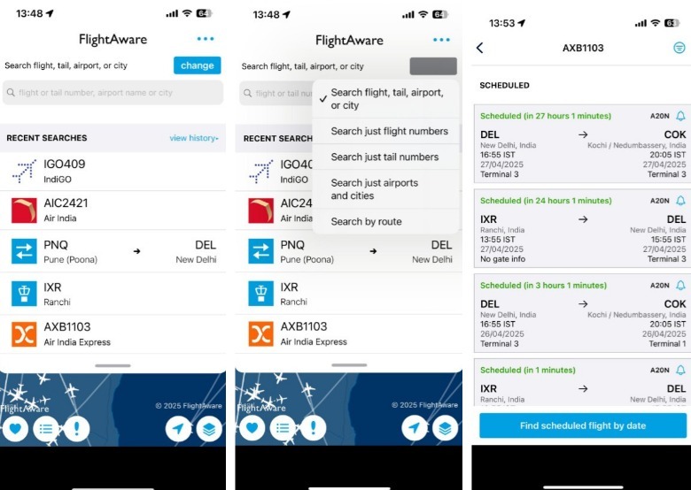 FlightAware search functionality.