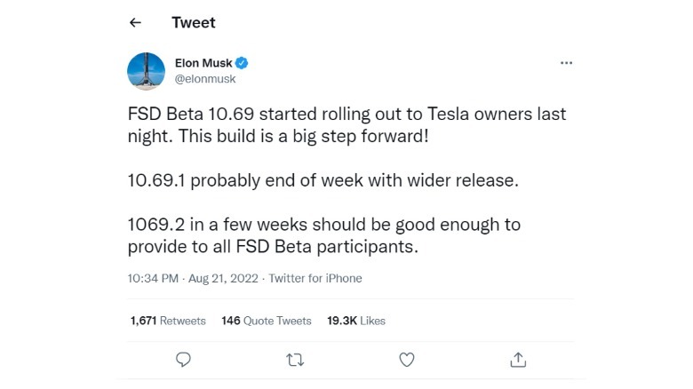 Elon Musk FSD Beta 10.69 update status Tweet