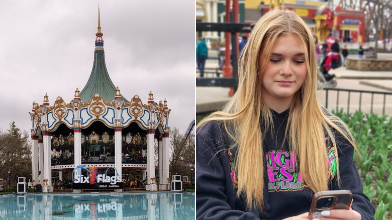 Photos of a carousel and a woman looking at her phone