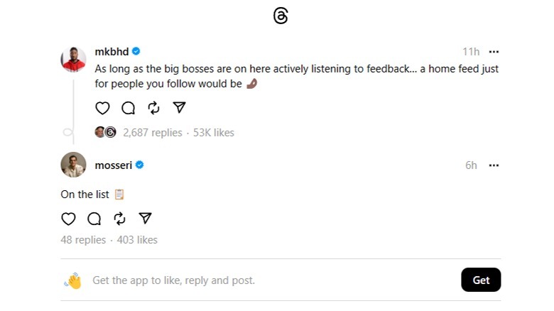 Screenshot of Threads on web