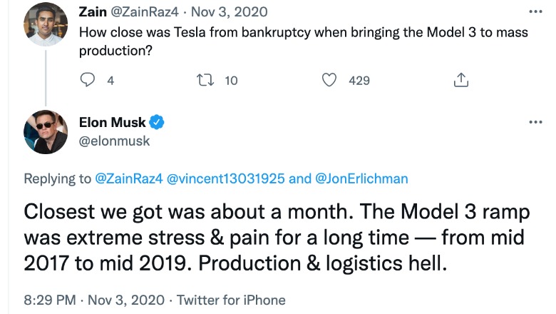 Elon Musk in Twitter conversation about Model 3 production issues