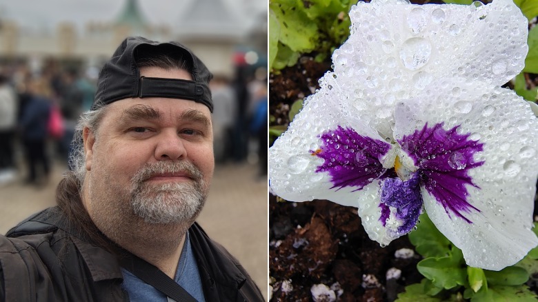 Selfie of a man and close up of a flower