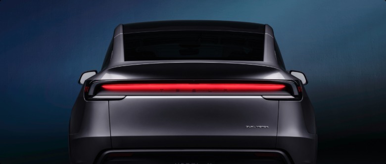 Rear view of the new Tesla Model Y electric car light bar