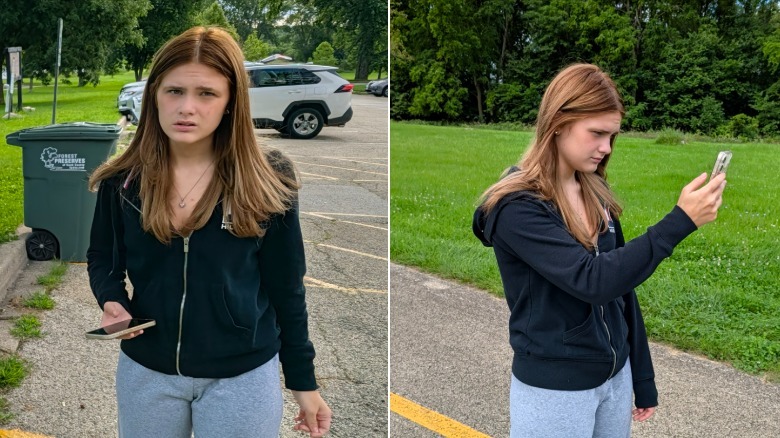 Two photo samples of a young woman in the forest