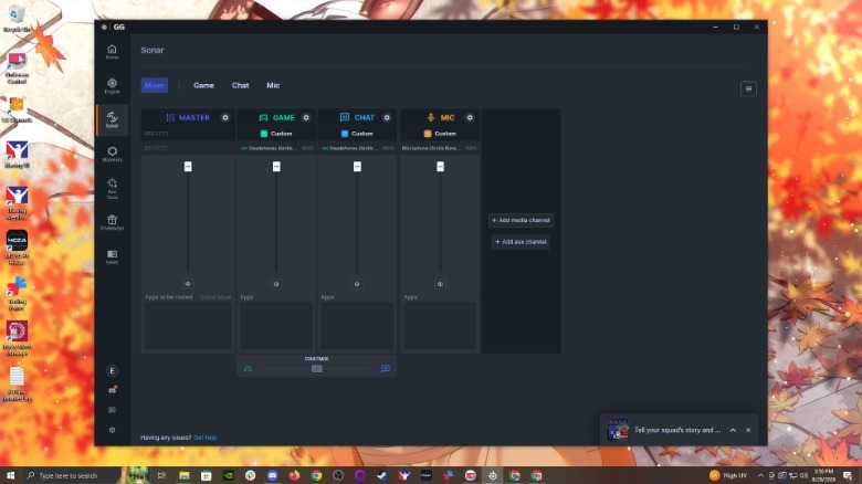 Screenshot of SteelSeries GG desktop app set on the Sonar mixing tab