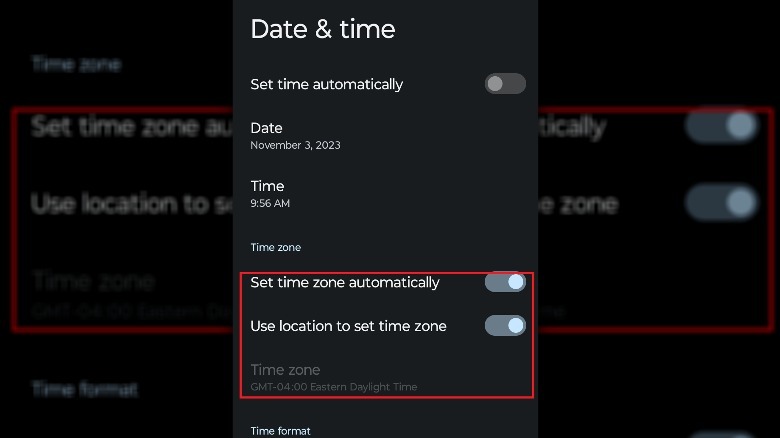 Android time zone settings