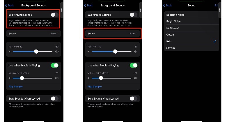 iPhone screenshots how to enable Background Sounds