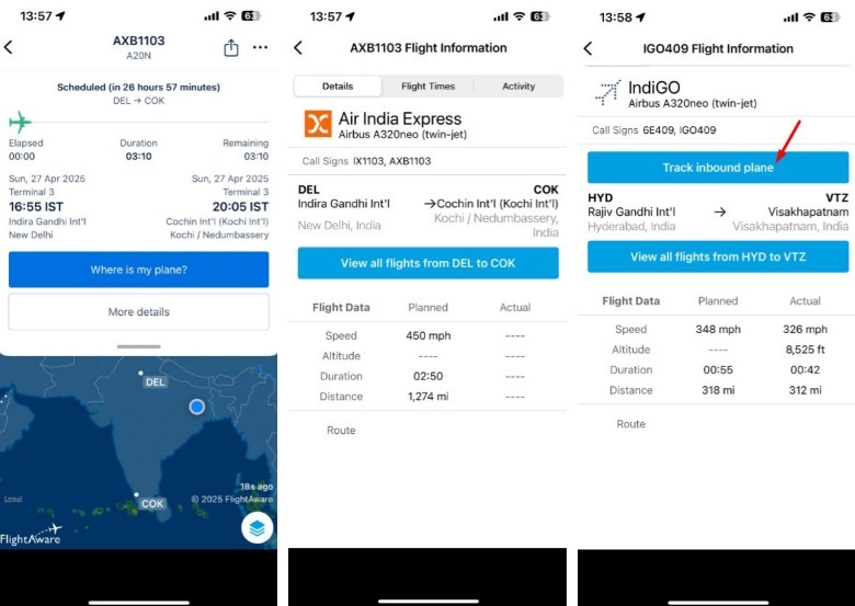 More details and Where is my plane option in FlighAware app.