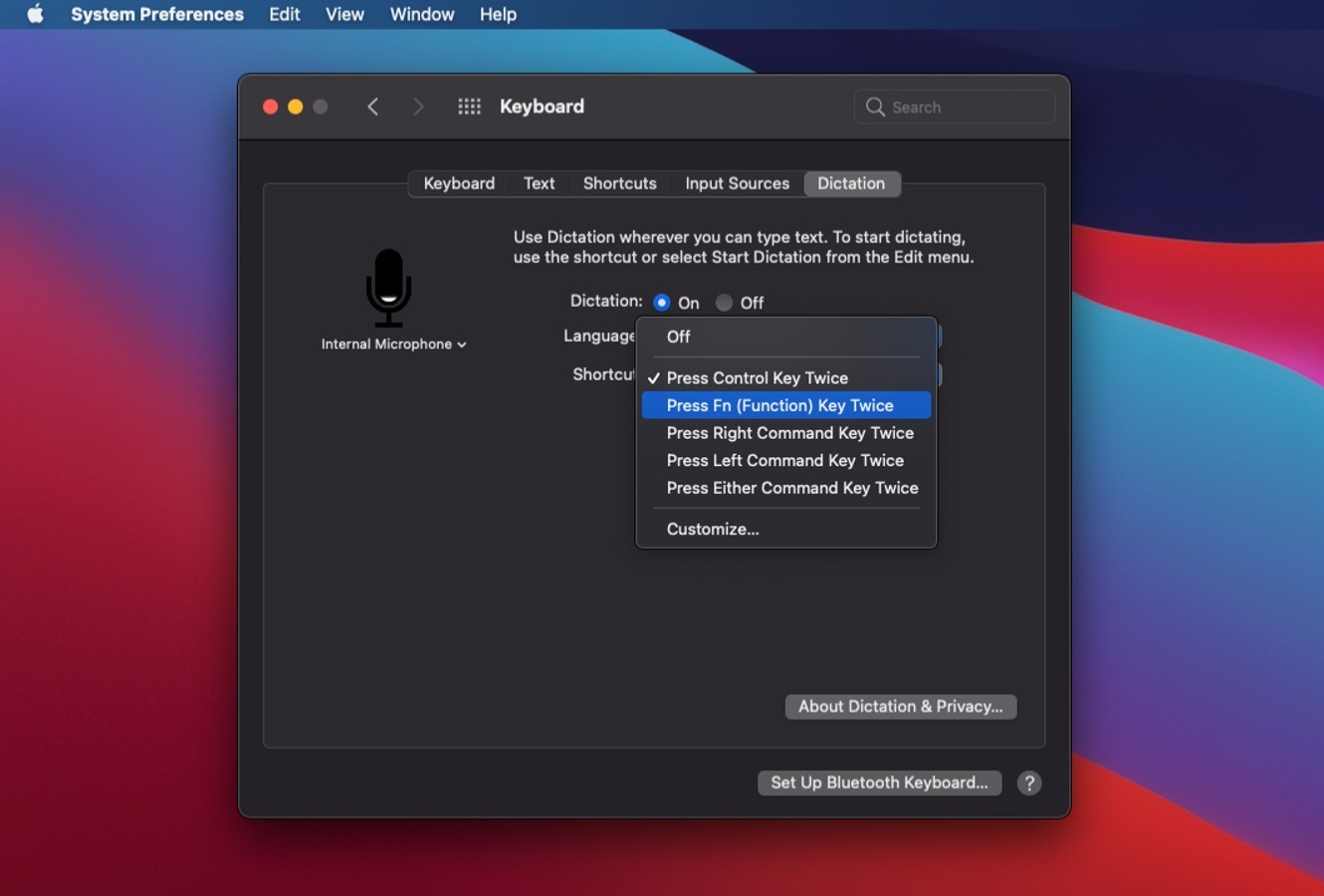 MacOS Dictation settings screenshot