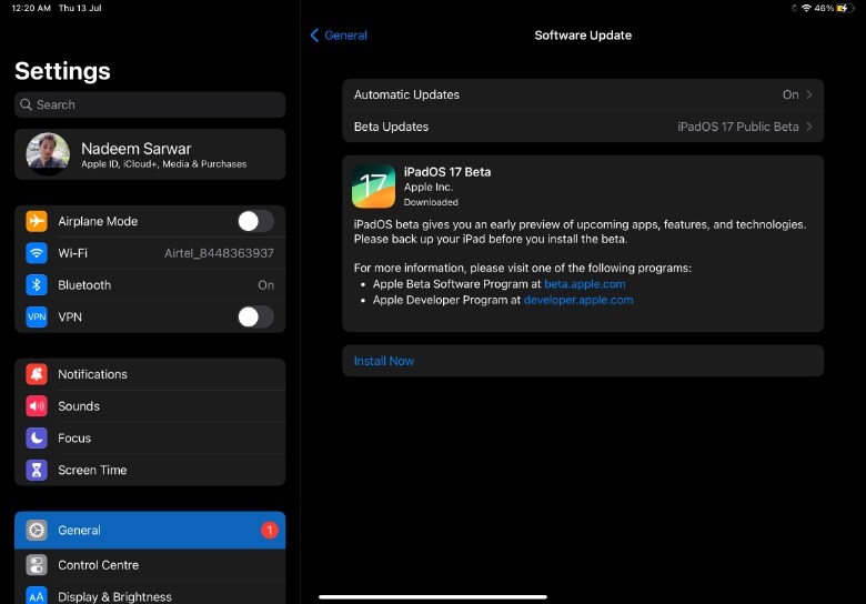 Installing iPadOS beta update