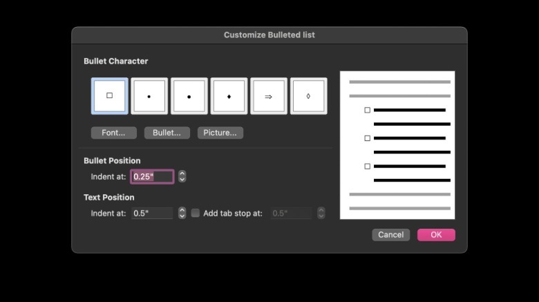 Customize bulleted list option on macOS