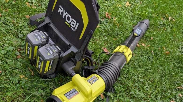 Ryobi Leaf Blower sitting on the ground in green grass.