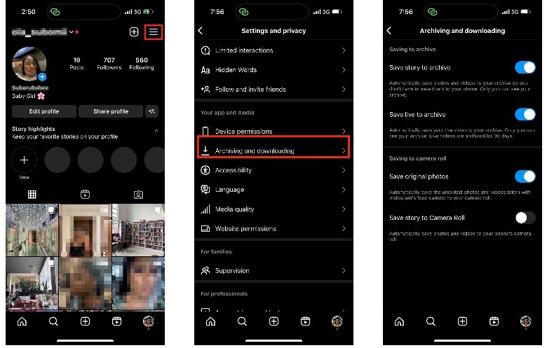 Archiving settings in Instagram