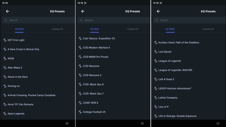 Screenshots from the Arctis GameBuds app showing different audio profiles