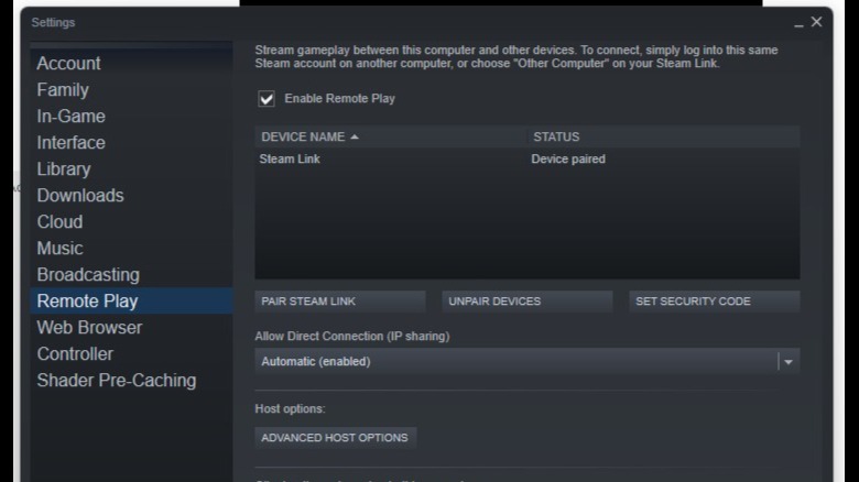 Steam Remote Play settings