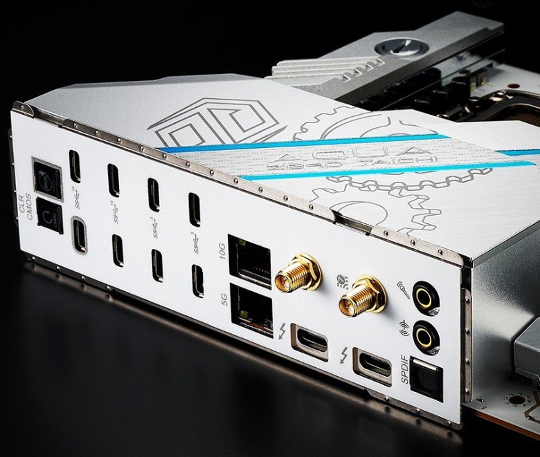 Closeup showing rear ports of ASRock Z890 Taichi Aqua motherboard