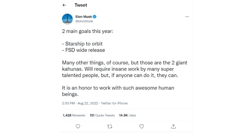 Elon Musk tweet on FSD goals