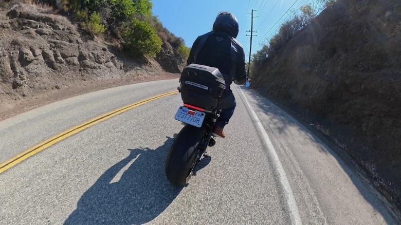 Insta360 X6 rear view while mounted on a Yamaha XSR900