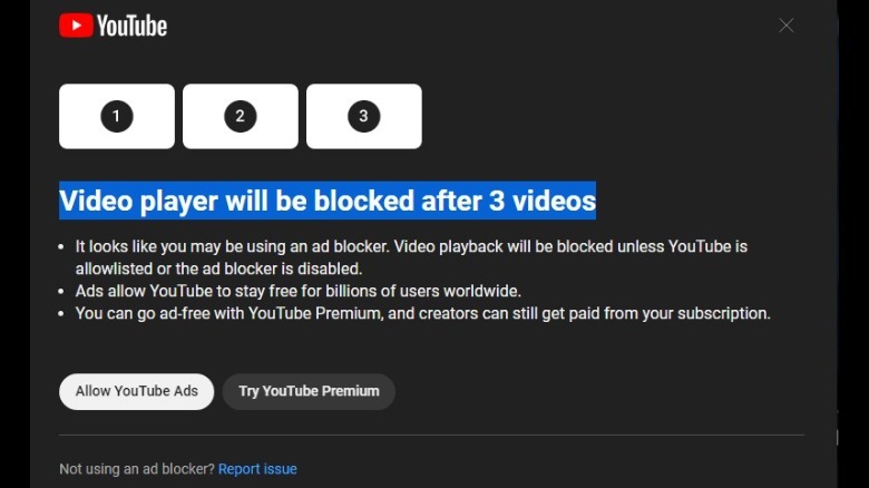 Captura de tela da mensagem do Adblock do YouTube