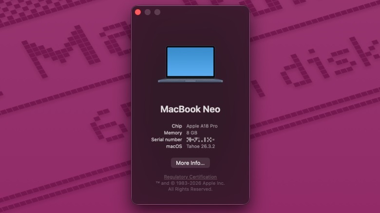 Tangkapan layar menu Tentang Mac di MacBook Neo
