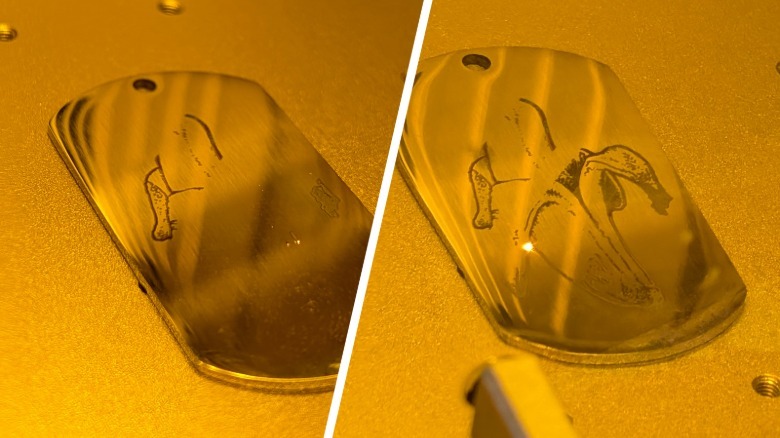 Metal dog tag in two stages of laser etching.