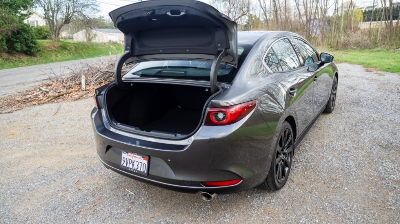 2026 Mazda Mazda3 Sedan 2.5 Turbo Premium Plus angled rear view with trunk opened