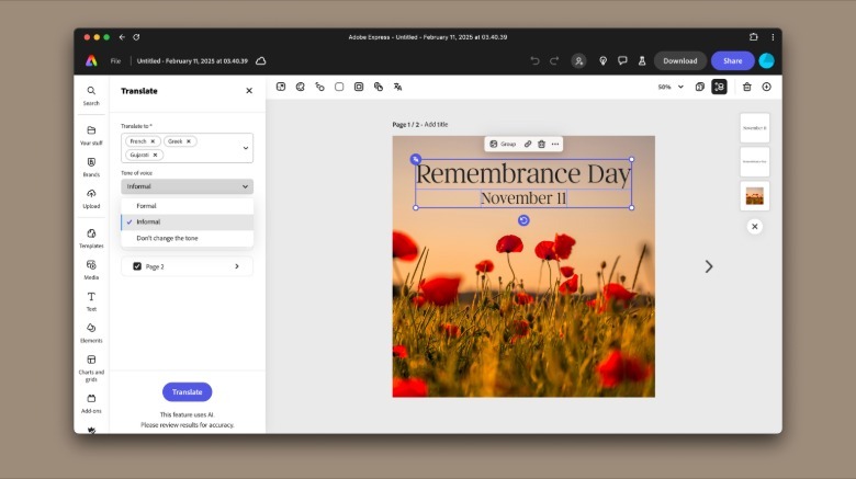Translate tool in Adobe Express