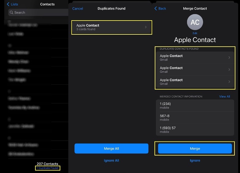 iPhone Contacts View Duplicates Merge