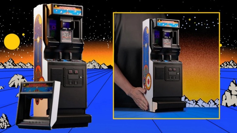 Battlezone arcade machine on retro background.