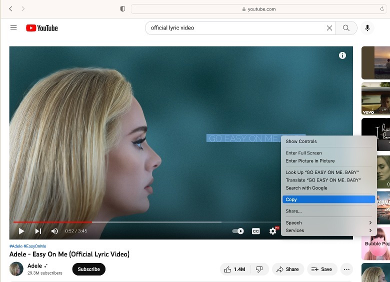 Adele YouTube selected text